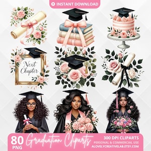 Bundle de cliparts rose remise des diplômes, promotion 2025, fille noire diplômée PNG, sublimation florale de remise des diplômes, téléchargement immédiat félicitations diplômé