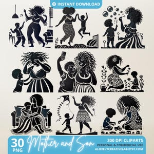Clipart per la festa della mamma, arte murale di mamma nera, pacchetto di sagome di madre e figlio, donne melanate, mamma PNG, mamma afroamericana, uso commerciale