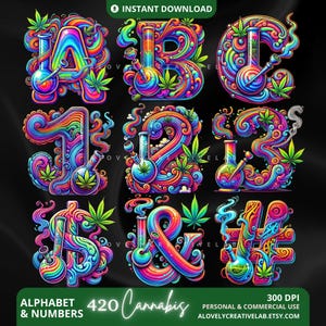 420 Cannabis Alphabet and Numbers, Trippy Weed Font Clipart, Psychedelic Stoner Letters, Colorful 3D Letters Numbers, Sublimation Bundle