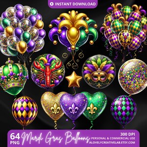 Mardi Gras Balloons Clipart, PNG Festival NOLA, Art numérique du mardi gras, Design de carnaval de la Nouvelle-Orléans, lot de sublimation d'accessoires de Mardi Gras