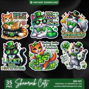 Lucky Shamrock Cats PNG, Irish Kitty Sublimation, Cute Cat Stickers, Leprechaun Illustration, Funny St Patricks Day Cats Bundle, Lucky Charm