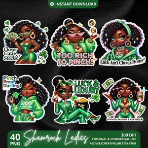 St. Patricks Day Damen PNG Bundle, Kleeblatt Schwarze Frauen Clipart, Glücksklee Niedliche Aufkleber, Kleeblatt Chibi Mädchen, Melanierte Aufkleber