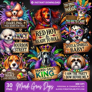 Mardi Gras Dogs Clipart, NOLA Boys PNG, Fat Tuesday Digital Download, New Orleans Carnival Graphics, Cute Cats Mardi Gras Sublimation Bundle