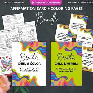 Paquete de tarjetas y páginas para colorear "Respira y relájate", actividades para aliviar la ansiedad, baraja imprimible relajante, PDF de autocuidado para la salud mental