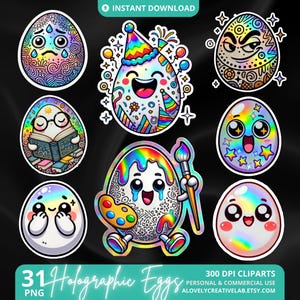 Holographic Egg PNG Clipart, Kawaii Easter Stickers, Cute Egg PNG, Rainbow Digital Stickers, Easter Bunny Sticker, Kawaii Easter Sublimation