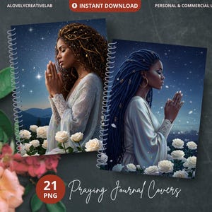 Praying Woman Journal Covers, Spiritual Notebook PNG, Prayer Journal Printable, Faith-Based Planners, Christian Gifts, Black Woman Journal