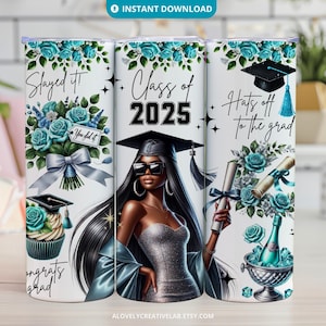 Class of 2025 Graduation Tumbler Wrap PNG, Black Girl Congrats Grad Blue Glitter, 20 oz Skinny Tumbler Sublimation Design, Digital Download