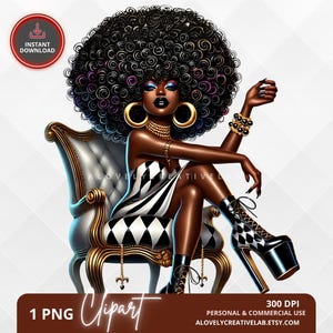 Harlequin Queen PNG, Black & White Afro Diva Clipart, Melanated Woman Digital Art, Luxury Glam Black Girl Sublimation, 70s Fashion Statement