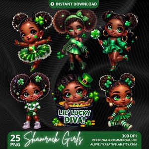 Paquete PNG de chicas del día de San Patricio, clipart de trébol de la suerte, diseño de sublimación irlandés, divertido día de San Patricio, chicas afroamericanas chibi