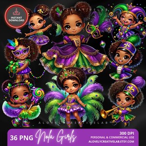 Mardi Gras Girls Clipart, PNG bébés NOLA, Art numérique mardi gras, dessins de carnaval de la Nouvelle-Orléans, lot de sublimation bébé noir Mardi Gras