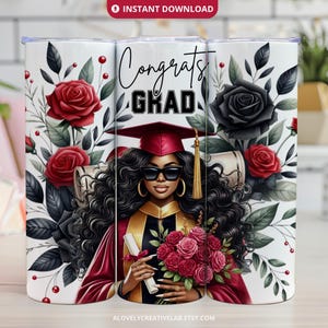 Envoltura para vaso de graduación PNG, diseño de sublimación para vaso delgado de 20 oz de la clase 2025, toga roja para graduada negra, descarga digital