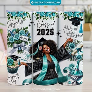 Class of 2025 Graduation Tumbler Wrap PNG, Black Girl Congrats Grad Blue Glitter, 20 oz Skinny Tumbler Sublimation Design, Digital Download