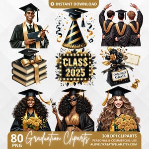 Graduation Clipart Bundle, Class of 2025, Black Girl Graduate PNG, Luxe Black & Gold Graduation Sublimation, Congrats Grad Instant Download