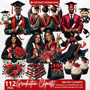 Graduation Clipart Bundle, Class of 2025, Black Girl Graduate PNG, Luxe Black & Red Graduation Sublimation, Congrats Grad Instant Download