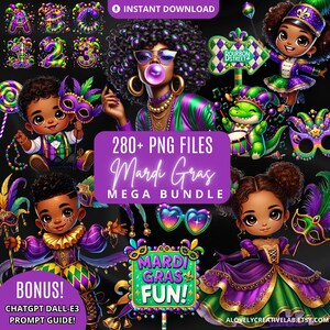 Mega Bundle de cliparts de Mardi Gras, plus de 280 PNG, enfants afro de mardi gras, mardi gras, carnaval de la Nouvelle-Orléans, lot de sublimation chibi noir américain