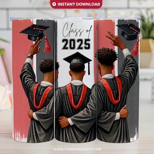 Envoltura para vaso de graduación PNG, diseño de sublimación para vaso delgado de 20 oz de la clase 2025, envoltura para birrete rojo de graduación para hombres negros, descarga digital