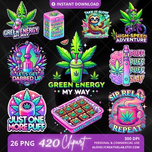 420 Clipart, Cannabis Digital Art, Weed Sublimation PNG, Pastel Stoner Sticker, High Life Graphics, Relax and Puff, Vibrant Neon Edibles