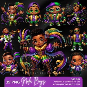 Mardi Gras Boys Clipart, NOLA Boys PNG, Fat Tuesday Digital Download, New Orleans Carnival Graphics, Black Boy Mardi Gras Sublimation Bundle