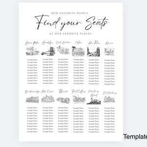 May include: A white seating plan template with the text "OUR FAVORITE PEOPLE. Find your Seats AT OUR FAVORITE PLACES." and illustrations of various locations. Includes space for names.
