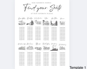 May include: A white seating chart template with the text "OUR FAVORITE PEOPLE. Find your Seats AT OUR FAVORITE PLACES." and illustrations of various locations. Includes space for names.