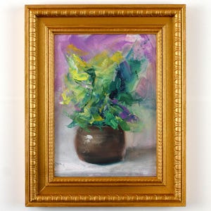 Green Plant in Pot Original Oil Painting: Hand-Painted Floral Artwork, Home Decor for Living Room Shelf, Gallery Wall Flower Oil Art