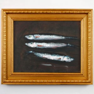 Three Sardines Original Oil Painting: Hand-Painted Sardine Artwork, Canvas Wall Art, Original Oil Painting