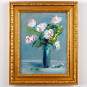 Soft Pink Blossoms in Blue Vase Oil Painting: Hand-Painted Floral Bouquet, Oil Artwork for Living Room Wall Art, Original Oil Painting