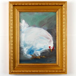 White Hen Original Oil Painting: Hand-Painted Farmyard Bird Oil Artwork, Farmhouse Chicken Wall Art, Country Kitchen or Gallery Wall Decor.