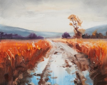 Country Road After Rain Original Oil Painting, Rural Landscape with Puddles