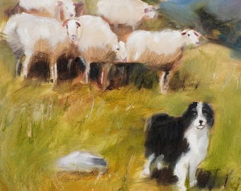 Border Collie and Sheep ORIGINAL Oil Painting