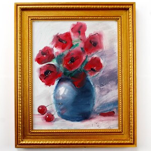 Red Flowers in Blue Vase Original Oil Painting: Hand-Painted Floral Bouquet, Oil Artwork for Living Room Shelf, Gallery Wall, Fine Art Decor