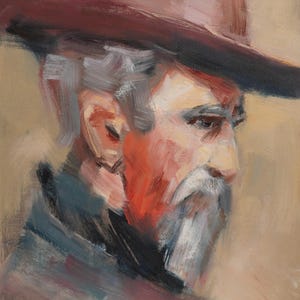 May include: Oil painting of a person in profile, wearing a brown hat. The portrait features a long white beard and a weathered face with red and orange tones. The background is a neutral beige.