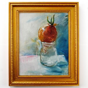 Peinture à l'huile originale d'oignon jaune dans le verre : oeuvre d'art peinte à la main pour étagère de cuisine ou mur de galerie, peinture à l'huile originale