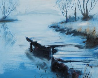 Misty Lake Original Oil Painting, Dock by Blue Water Wall Art