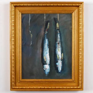 Two Sardines Original Oil Painting: Kitchen Fish Decor, Hand-Painted Sardine Artwork, Canvas Wall Art, Original Oil Painting