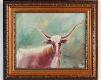 Texas Longhorn Original Oil Painting: Ranch Style Wall Art, Farmhouse Western Artwork, Rustic Cattle Oil Painting for Country Homes