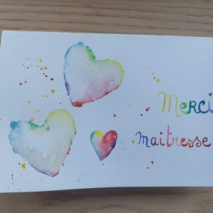 handgemalte Aquarellkarte "Danke Lehrer" Thema: Blasen, Herzen, Farben