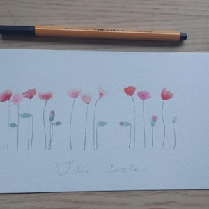 carte coquelicots, minimaliste, peinte à la main à l'aquarelle, personnalisable, unique.