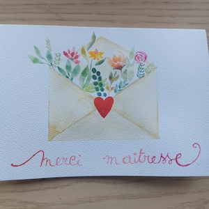 carte peinte à la main à l'aquarelle, "merci maitresse", enveloppe fleurie et coeur