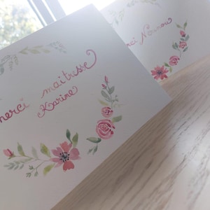 carte personnalisée, de remerciements pour maitresse ou nounou, peinte à la main à l'aquarelle