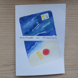 carte peinte à la main à l'aquarelle, merci maitresse thème mer, vacances
