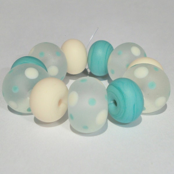 Handmade Lampwork Beads, 11 pieces, Color Matte Clear, Ivory and Green Turquoise, Size about 9 to 11 mm