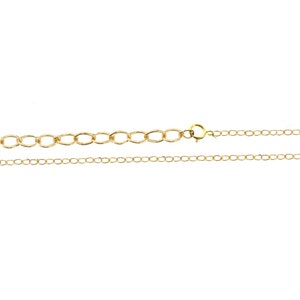May include: A gold chain necklace with a lobster clasp closure. The chain is made of small, oval-shaped links.