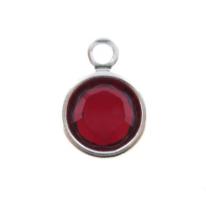 May include: A silver charm with a red gemstone in the center. The charm has a loop at the top for attaching to a bracelet or necklace.