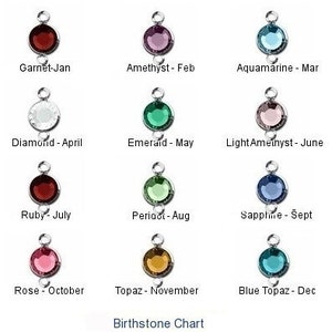 May include: Birthstone chart featuring twelve different coloured gemstones, each representing a different month of the year. The gemstones are displayed on silver settings with a small loop at the top.