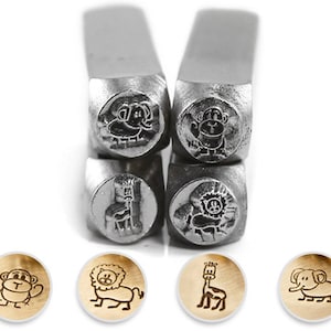Stick Zoo Animals Stamp 4 Pack - Stickfigure 6mm Metal Design Stamps - Monkey Lion Giraffe and Elephant