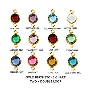 May include: A chart showing the birthstones for each month of the year. The chart is made of gold and features a double loop design. The birthstones are displayed in a circle with the month and stone name below each stone.