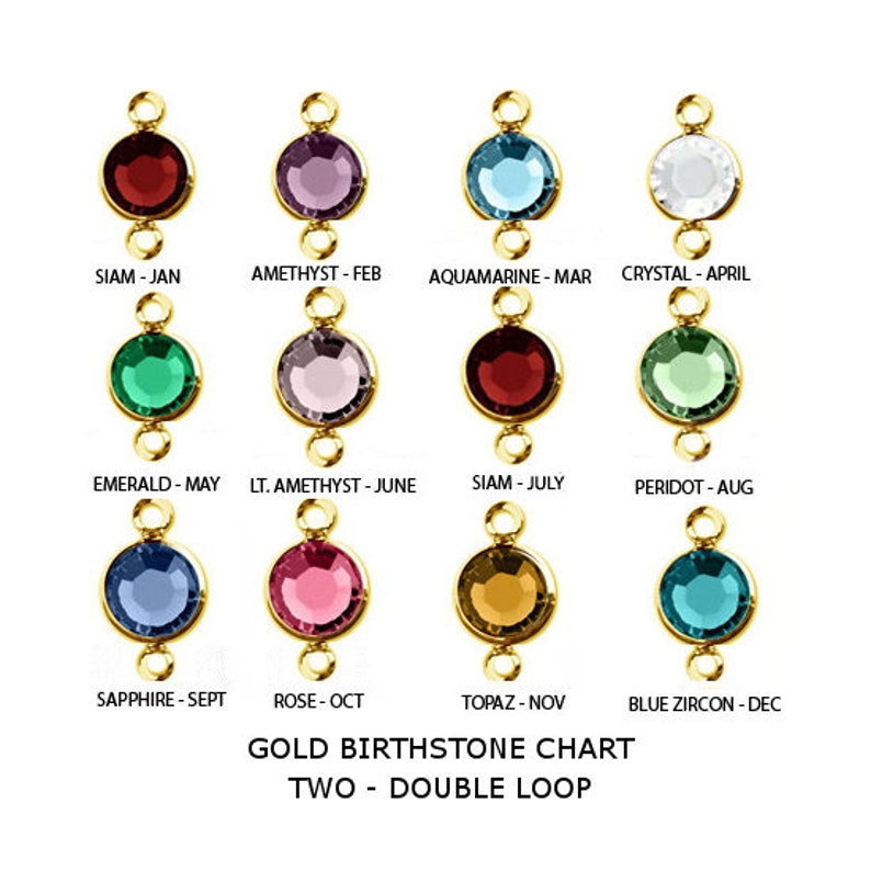 May include: A chart showing the birthstones for each month of the year. The chart is made of gold and features a double loop design. The birthstones are displayed in a circle with the month and stone name below each stone.