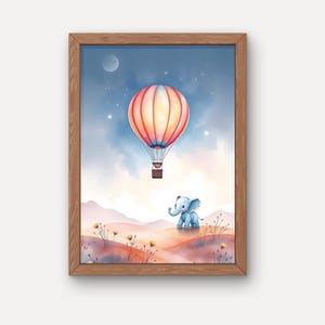 Póster de elefante con globo aerostático Póster infantil Descarga instantánea de viaje Archivo digital Póster infantil Niño Niña Animal Noche