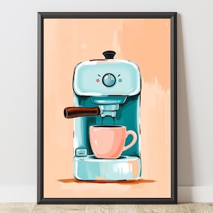 Coffee Machine Poster, Digital Download, Coffee Poster, Gift, Coffee Love Wall Art, Morning, Kitchen, Coffee Machine, Illustration